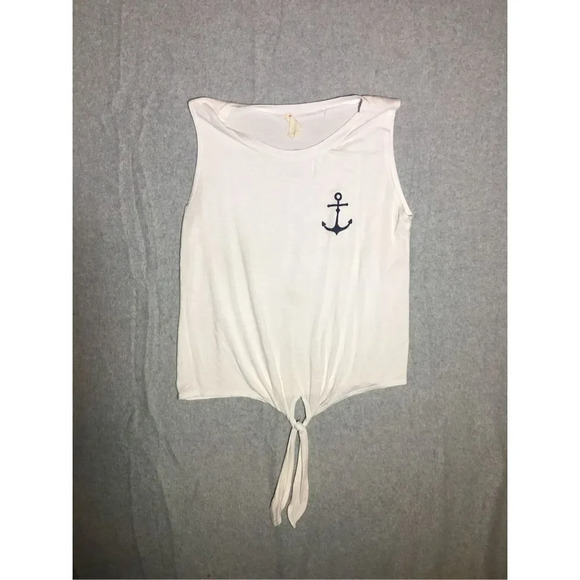 Womens French Pastry Top Anchor Nautical Sailor Ocean Beachy Boho Tie Detail - Picture 1 of 6